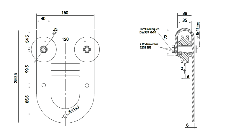 esquema medidas conjunto poleas rústicas tipo granero para puerta madera